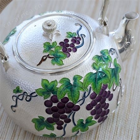 多子多福珐琅彩S999纯银烧水壶景泰蓝工艺煮茶纯手工银壶茶具