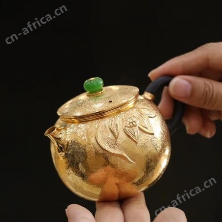 鎏24K金迷你小银壶纯银999泡茶手工银茶壶端把功夫茶具玉摘木柄壶