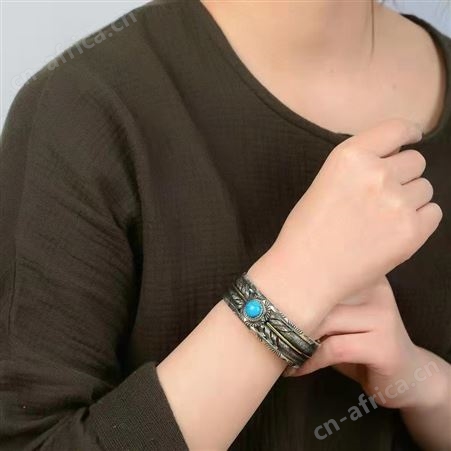 意轩羽毛松石开口手镯 翔栩个性复古做旧纯线条手环男女厂家直供